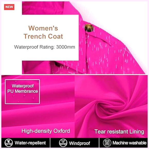 Long Trench Coat Double-Breasted Classic Lapel Slim Fit Belted Detachable Hood - Picture 4 of 6